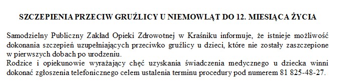 SZCZEPIENIA PRZECIW GRUŹLICY U NIEMOWLĄT DO 12. MIESIĄCA ŻYCIA
