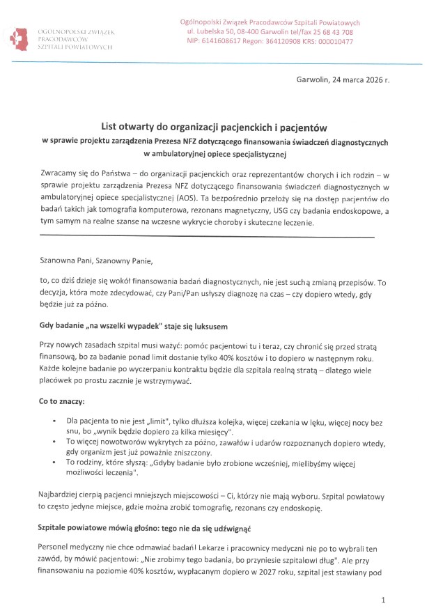 List otwarty do organizacji pacjenckich i pacjentów w sprawie projektu zarządzenia Prezesa NFZ dotyczącego finansowania świadczeń diagnostycznych w ambulatoryjnej opiece specjalistycznej